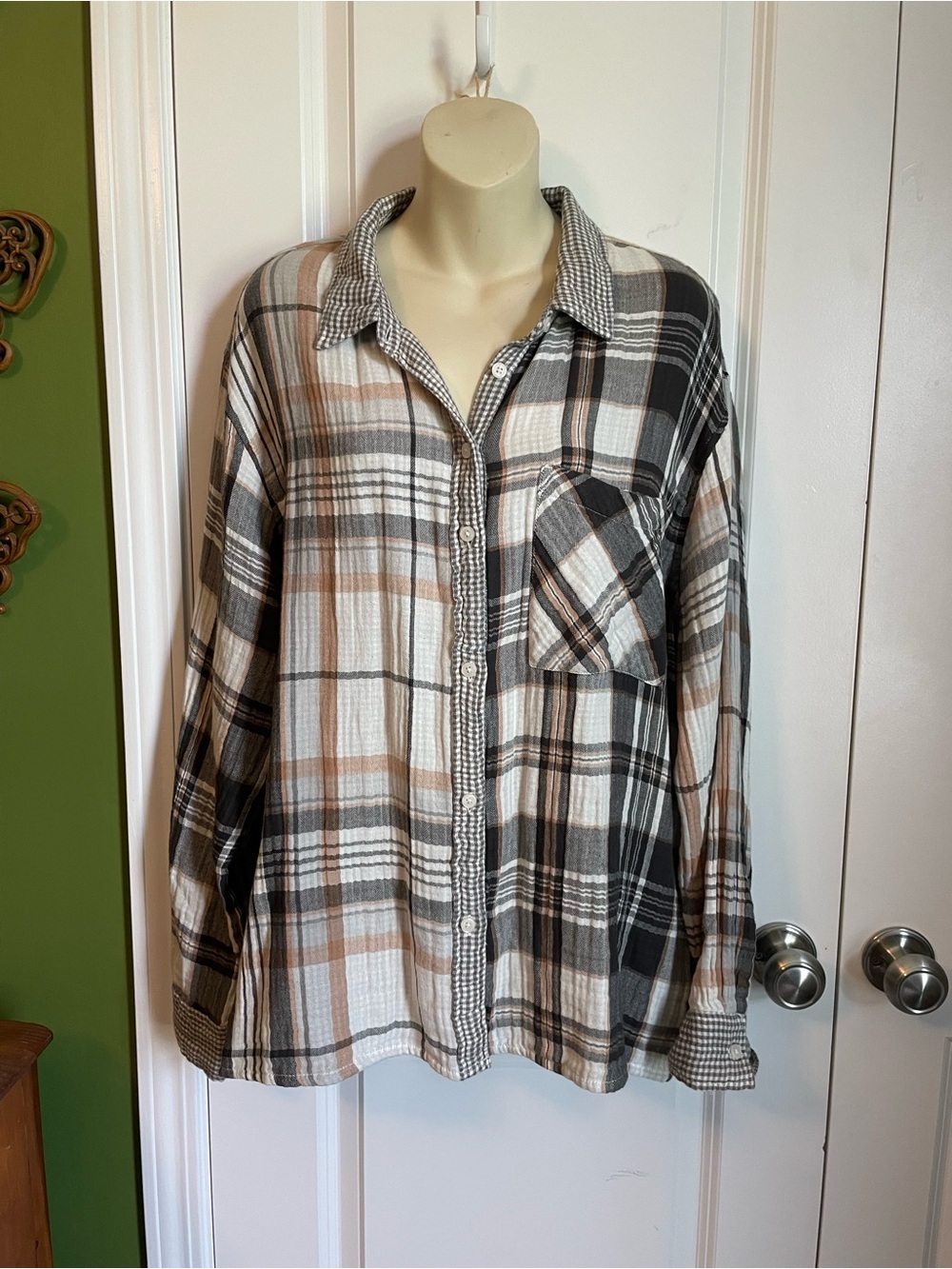 Aerie Daybreak Cover Up Patchwork Plaid Button Down XL